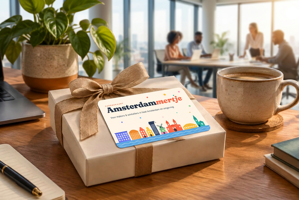 Amsterdammertje-cadeaukaart in een giftbox op een zakelijk bureau
